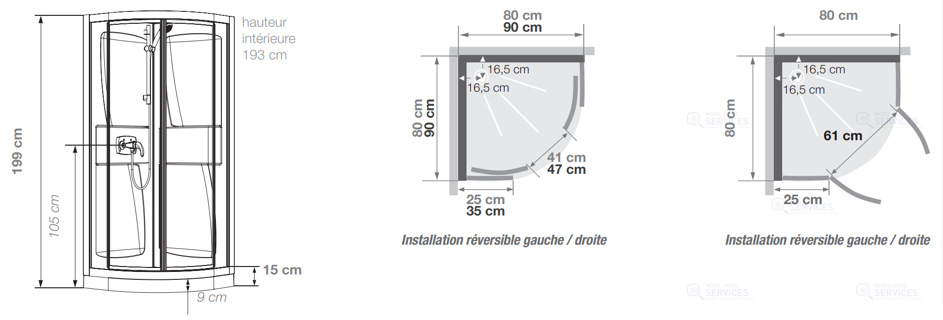 CABINE DE DOUCHE 80X80x199 1/4 DE ROND 2 PORTES PIVOTANTES